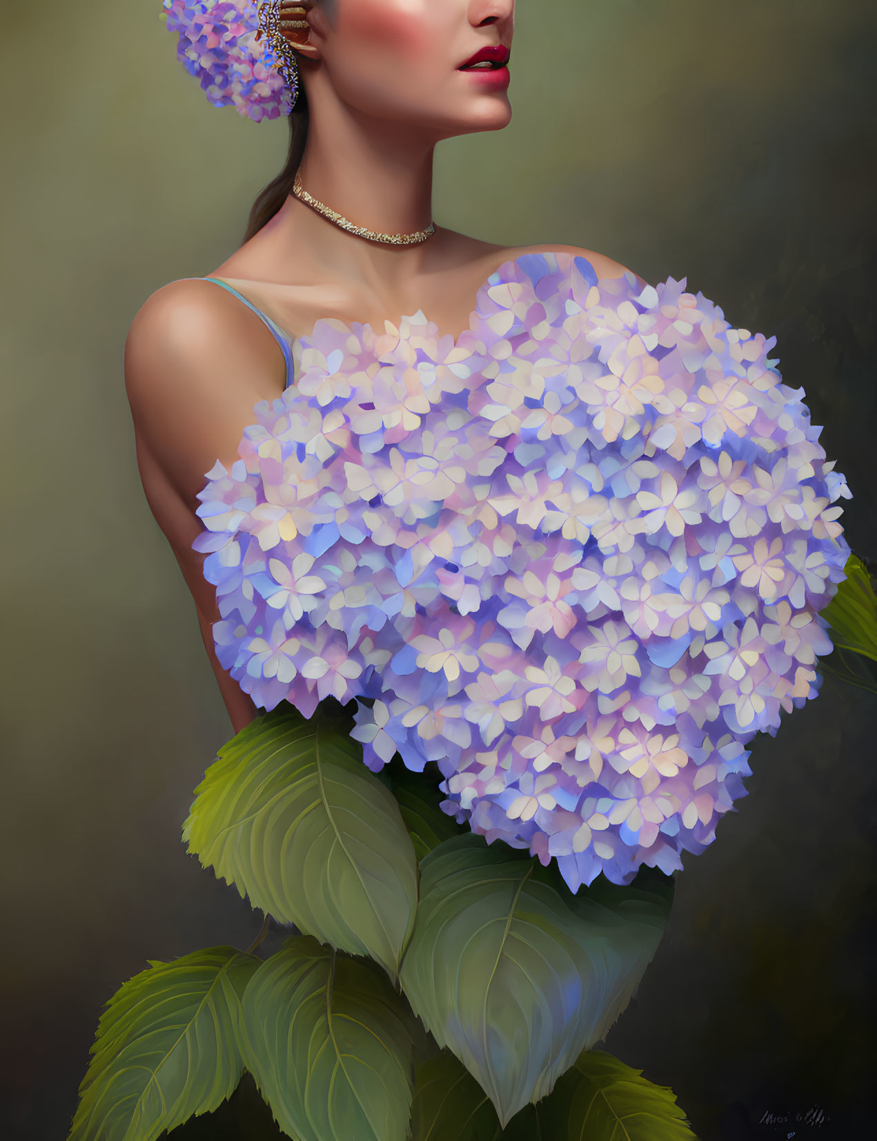 Serene woman holding purple hydrangeas, one in her hair