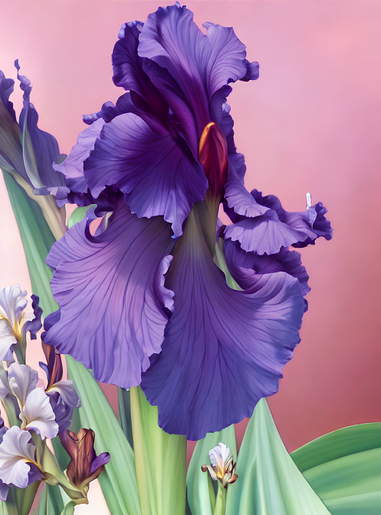 Detailed Purple Iris Flower Illustration on Soft Pink Background