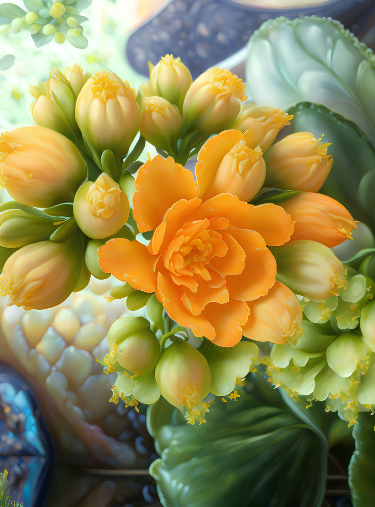 Detailed Description of Vibrant Orange Flower and Budding Flowers in Lush Green Foliage