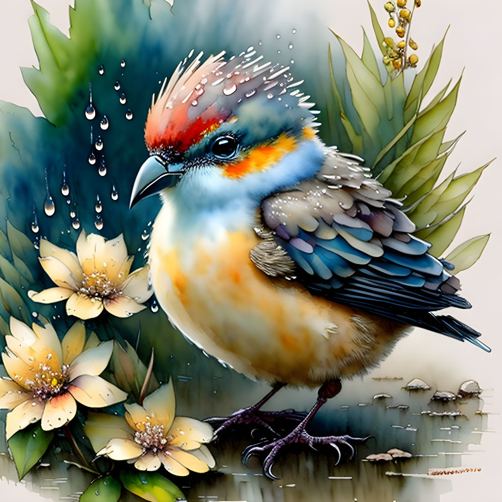 Colorful bird with red and blue crest on branch surrounded by flowers and water droplets