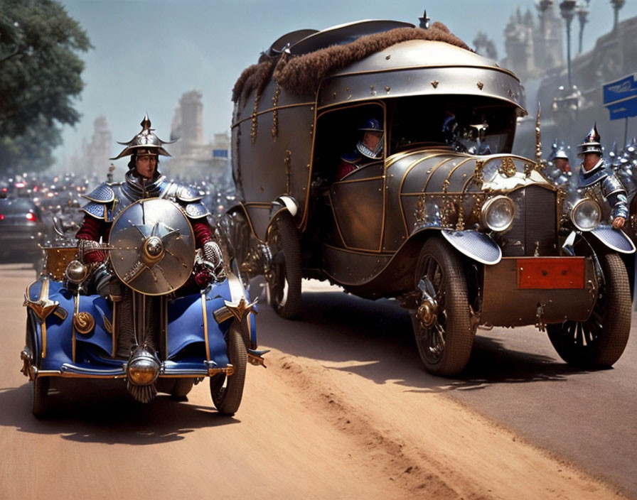 Retrofuturistic Roman armor motorcycle escort in steampunk-themed vintage car scene