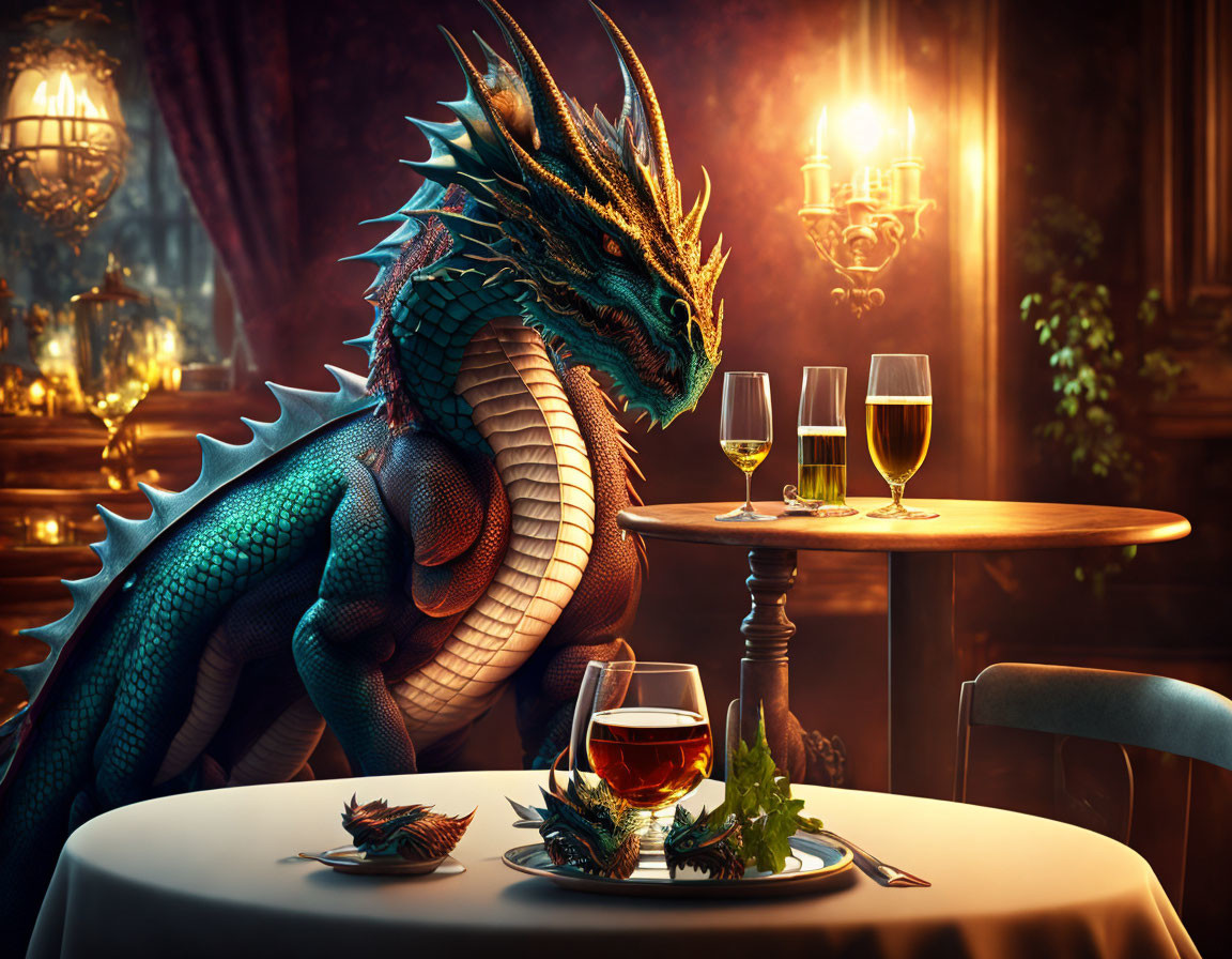 Blue dragon at restaurant table with wine and garnish.