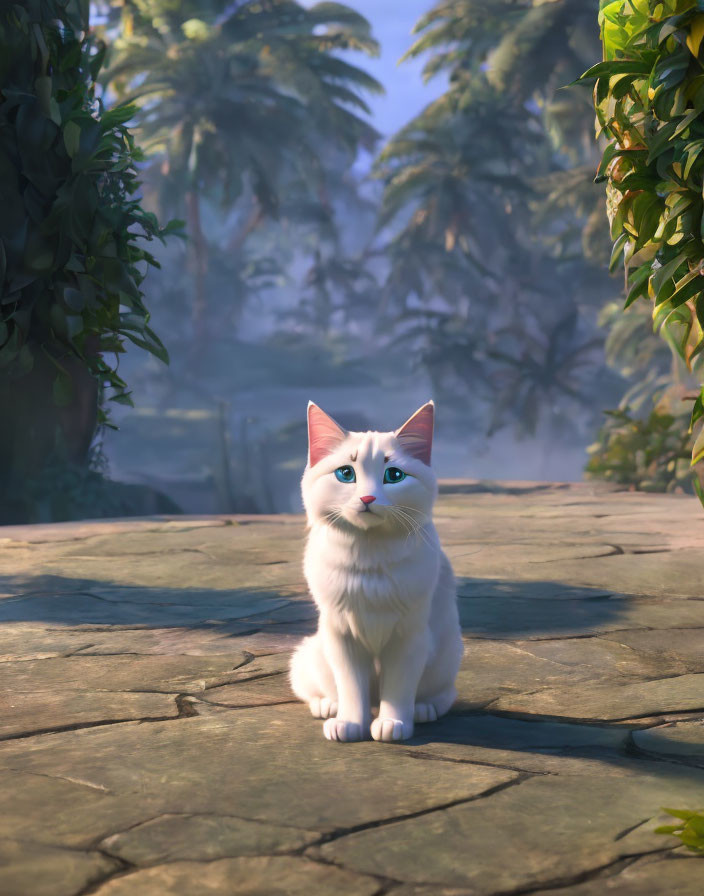 White Animated Cat with Blue Eyes on Cobblestone Path in Lush Jungle