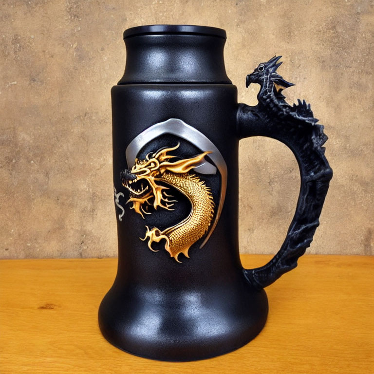 Black Beer Stein with 3D Golden Dragon Emblem on Wooden Table