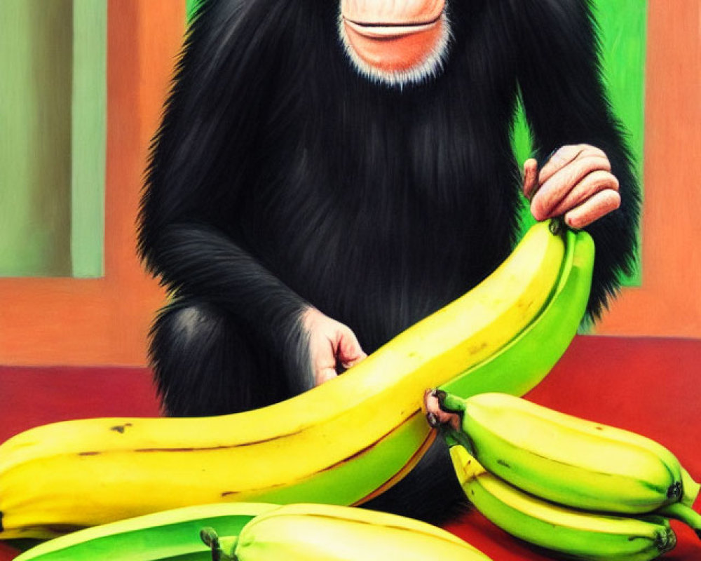 Chimpanzee with Banana at Red Table on Green Background