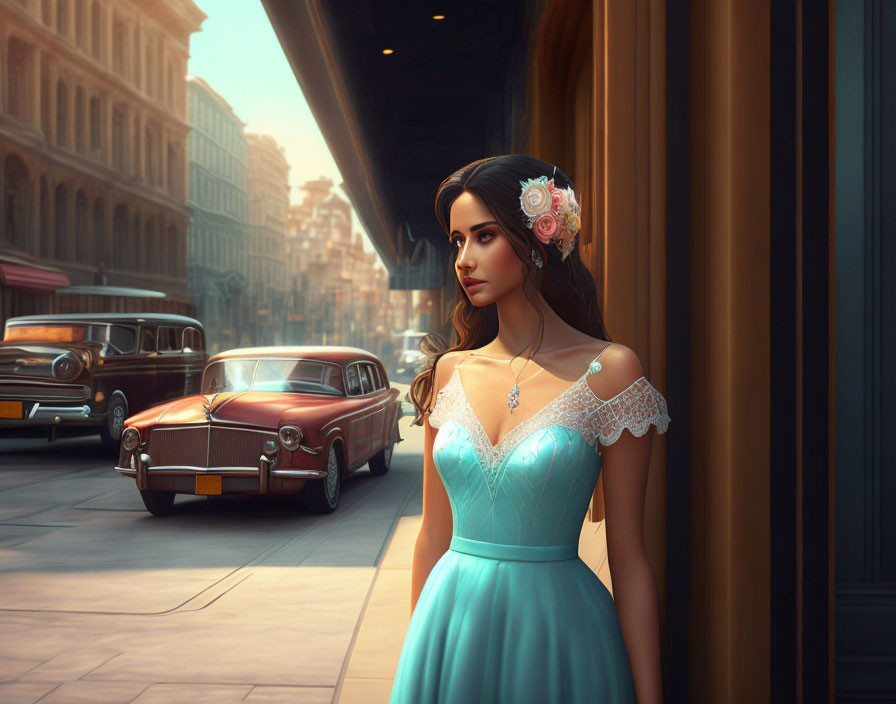 Digital artwork: Woman in vintage blue dress with floral hair accessories on city street with classic cars.