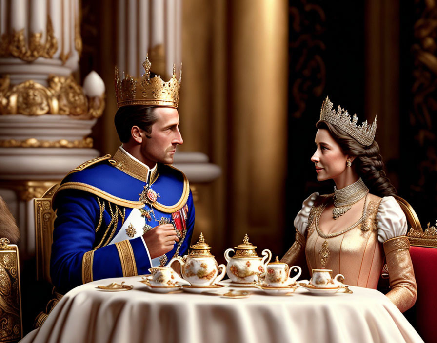 Royal couple in regal attire having tea in luxurious setting