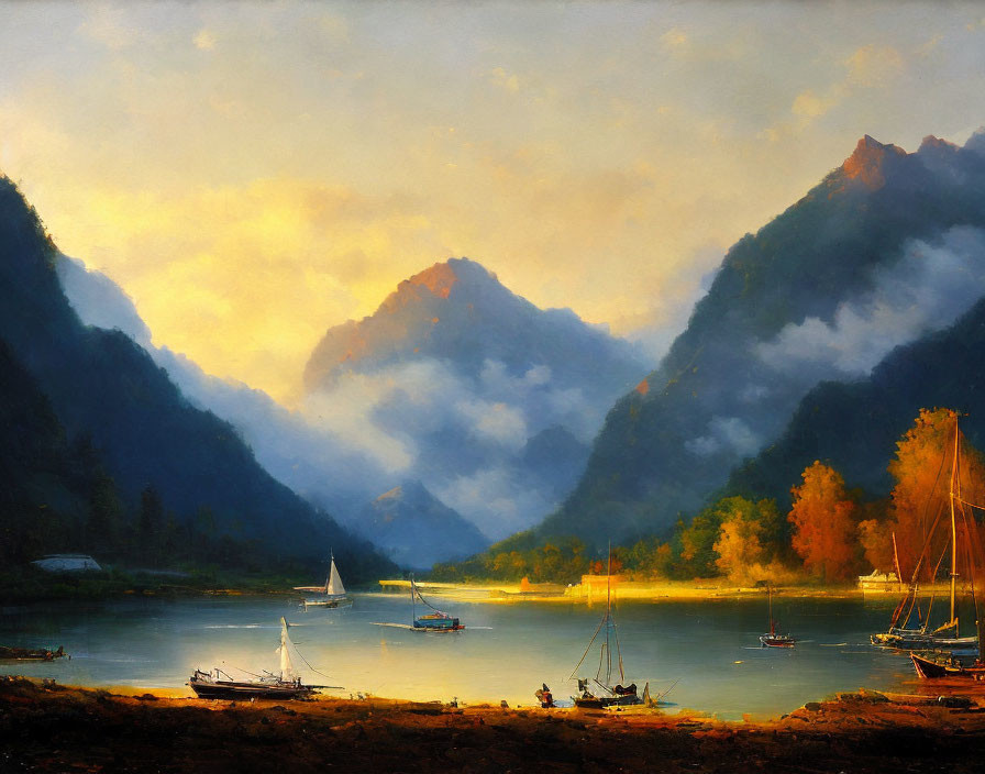 Tranquil lake landscape with mountains and boats