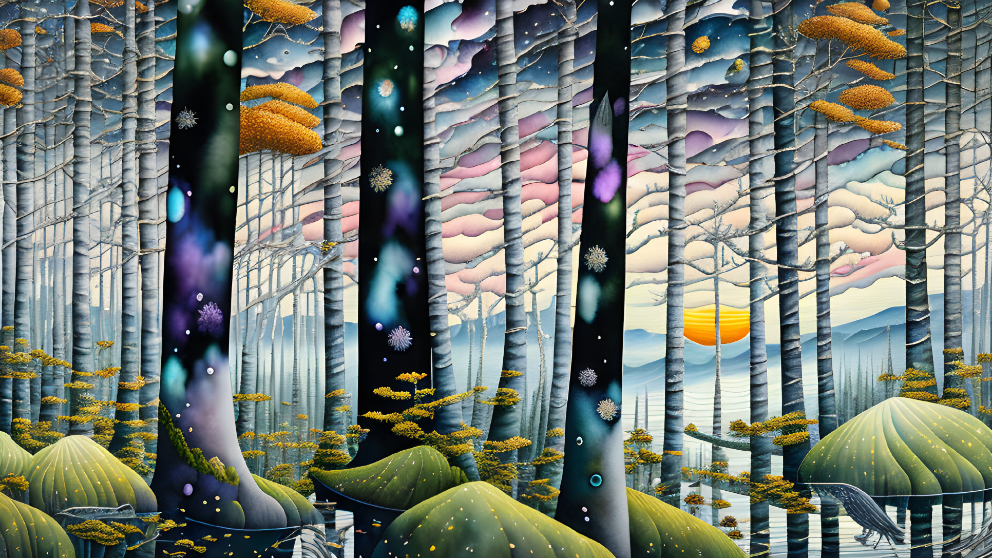 Vibrant patterned trees in twilight forest landscape