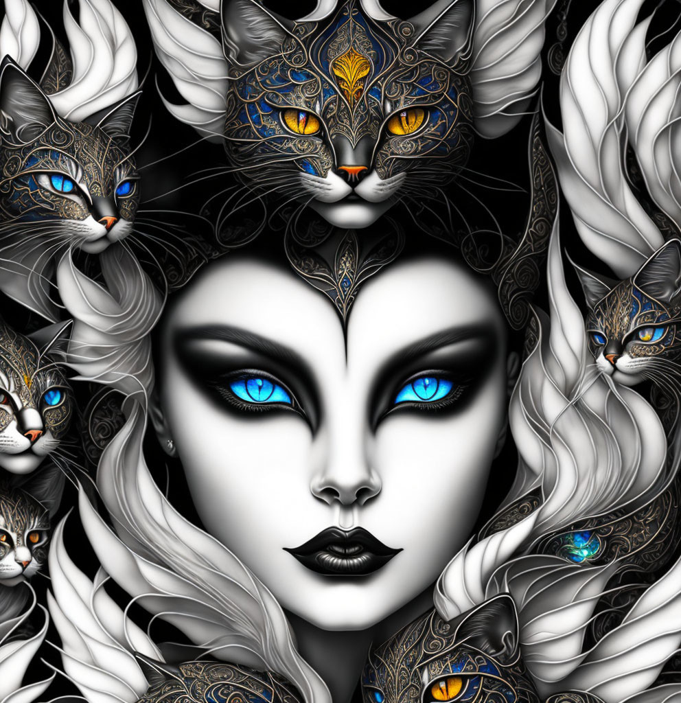 Illustration of woman with blue eyes and intricate face designs and stylized cats with colorful eyes and orn