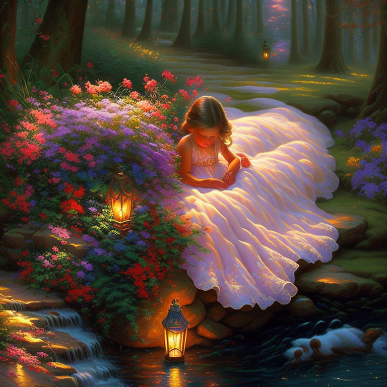 Girl in white dress reading by lantern-lit stream amidst colorful flowers