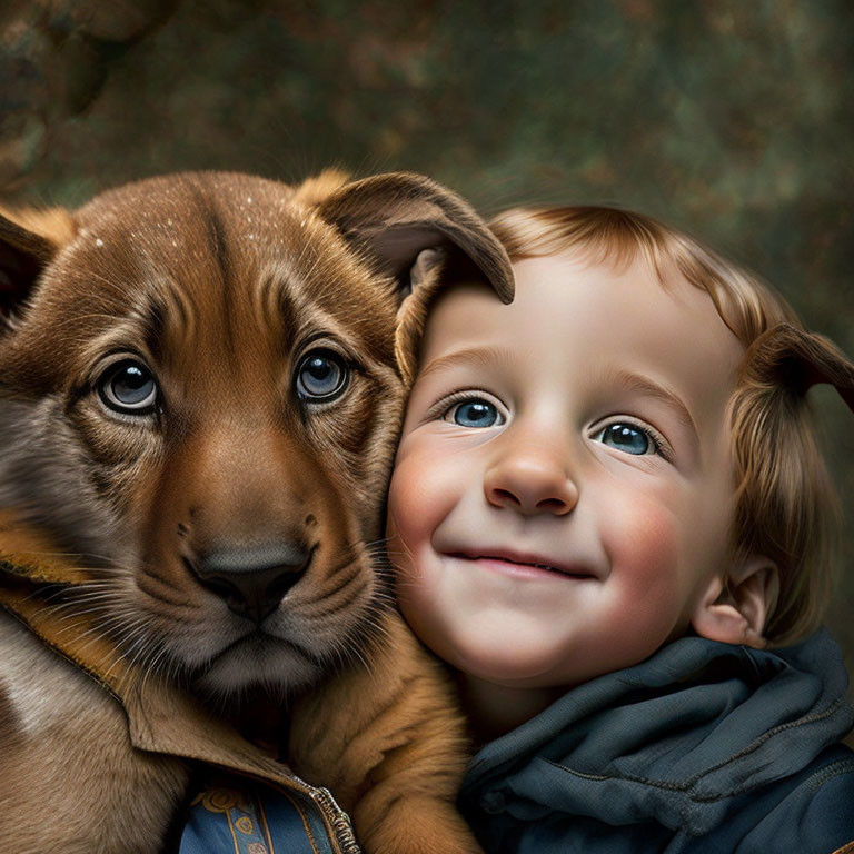 Young child snuggling closely with brown puppy, both showing happiness and affection