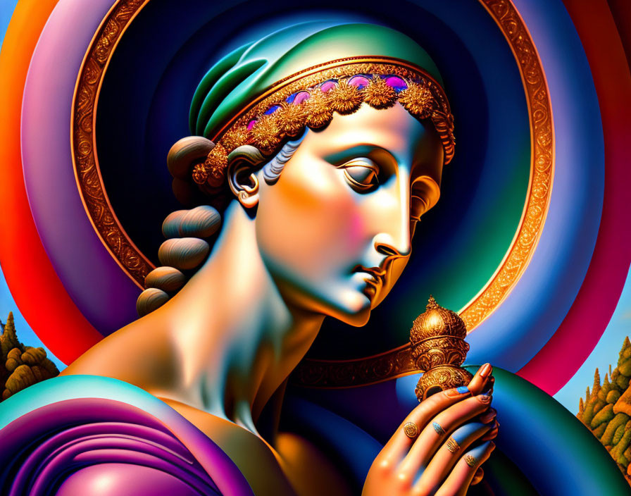 Colorful classical digital artwork: woman profile holding ornate object amidst swirling patterns