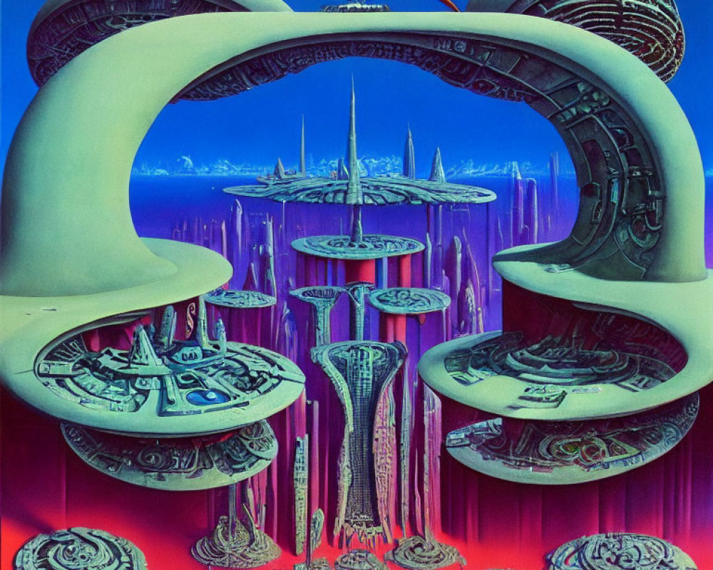 Sci-fi Alien City with Towering Spires and Disc-Shaped Structures