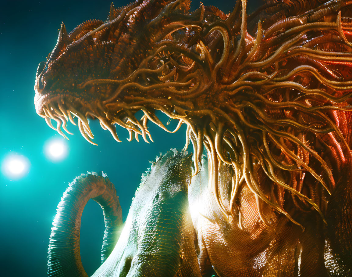 Intricate Dragon with Tendrils in Dramatic Lighting