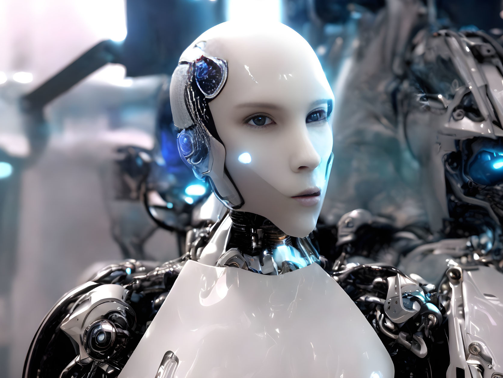 Female android with white smooth head and intricate mechanical parts visible.