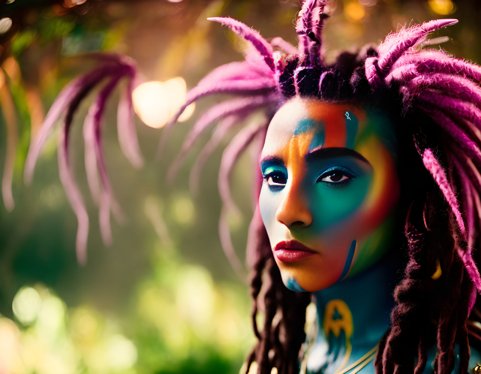 Vivid face paint and purple dreadlocks on person in bokeh background