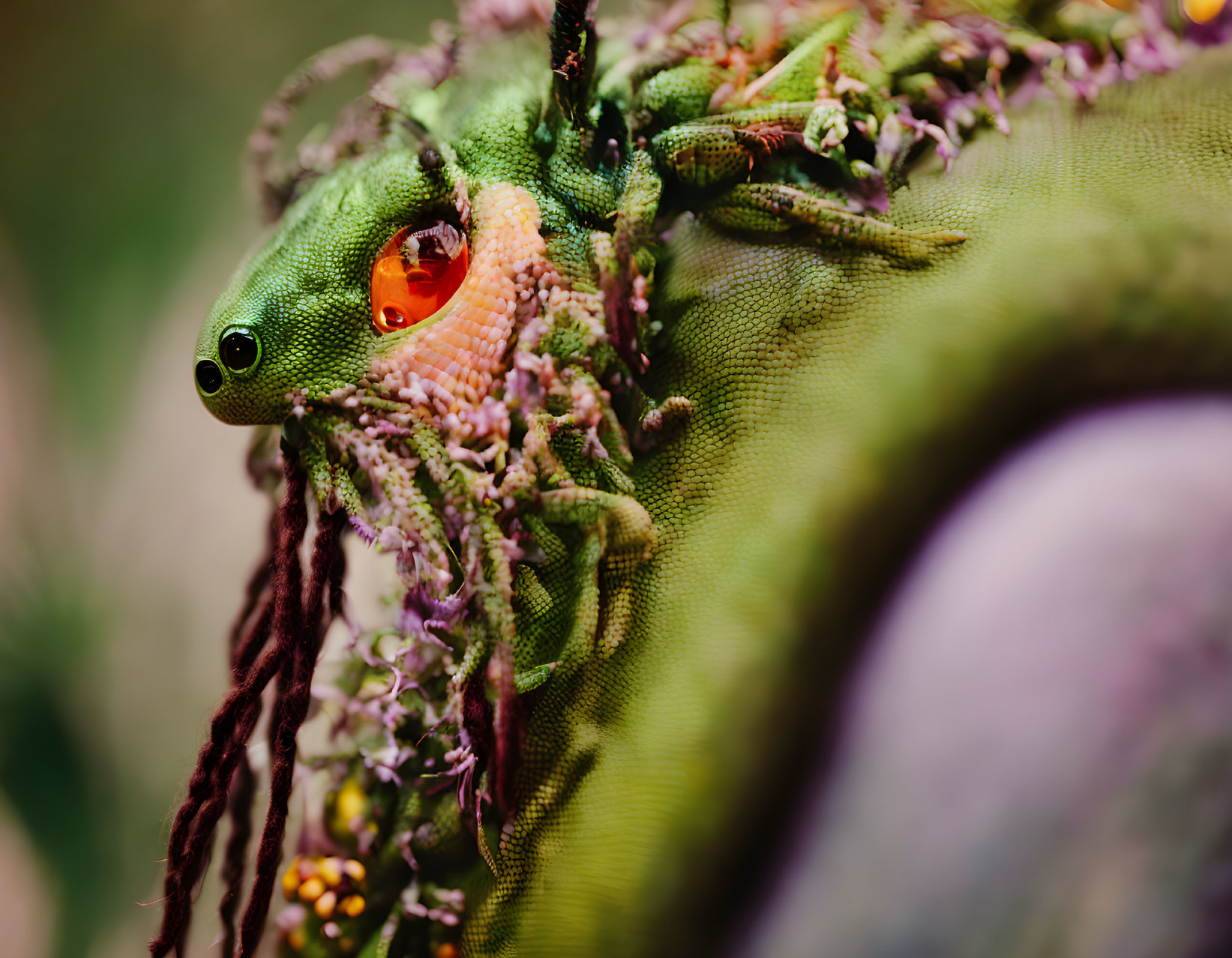 Detailed Close-Up of Vibrant Fantasy Creature with Green Skin and Orange Eye