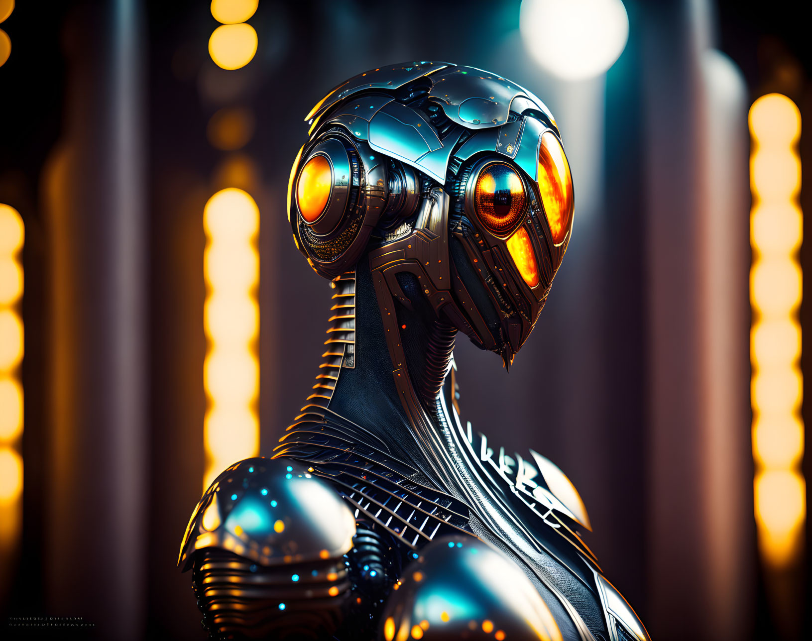 Detailed Robotic Figure with Glowing Orange Eyes in Futuristic Setting