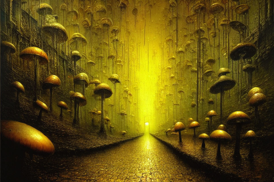 Enchanting cobblestone alley with giant mushrooms and glowing canopy