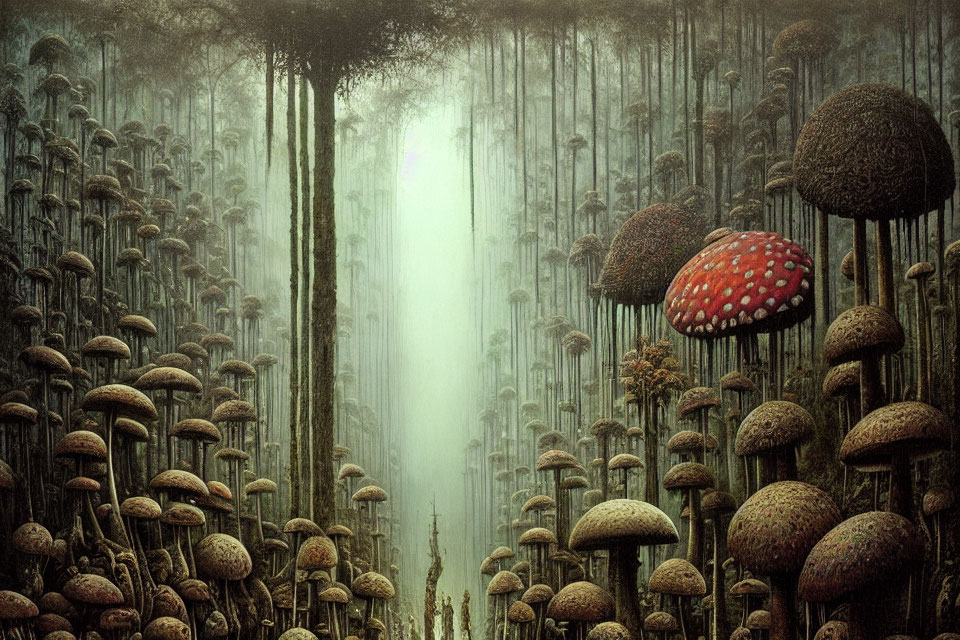 Enchanting forest with giant mushrooms and soft lighting