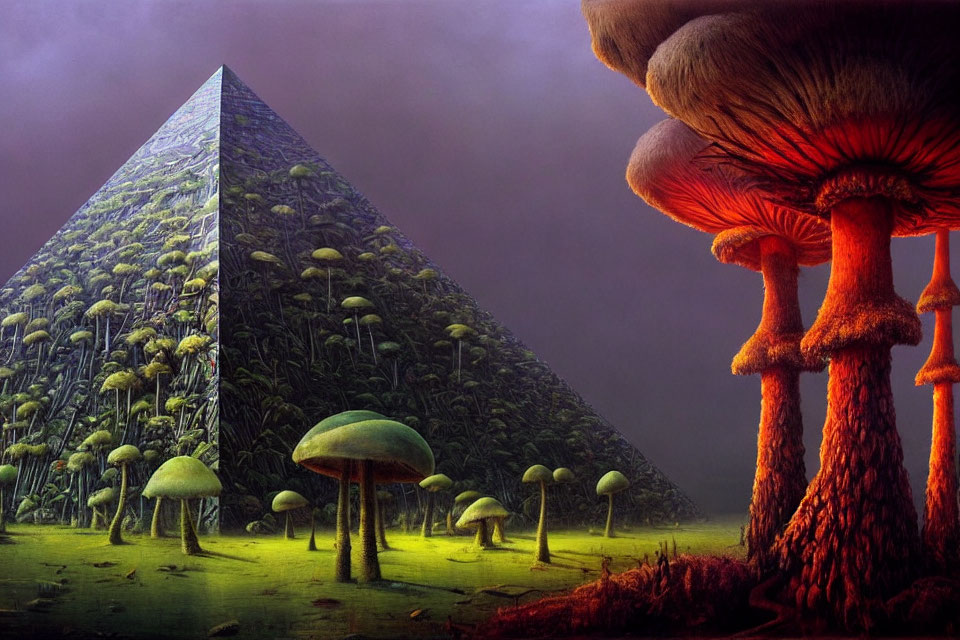 Surreal Landscape with Pyramid and Glowing Mushrooms