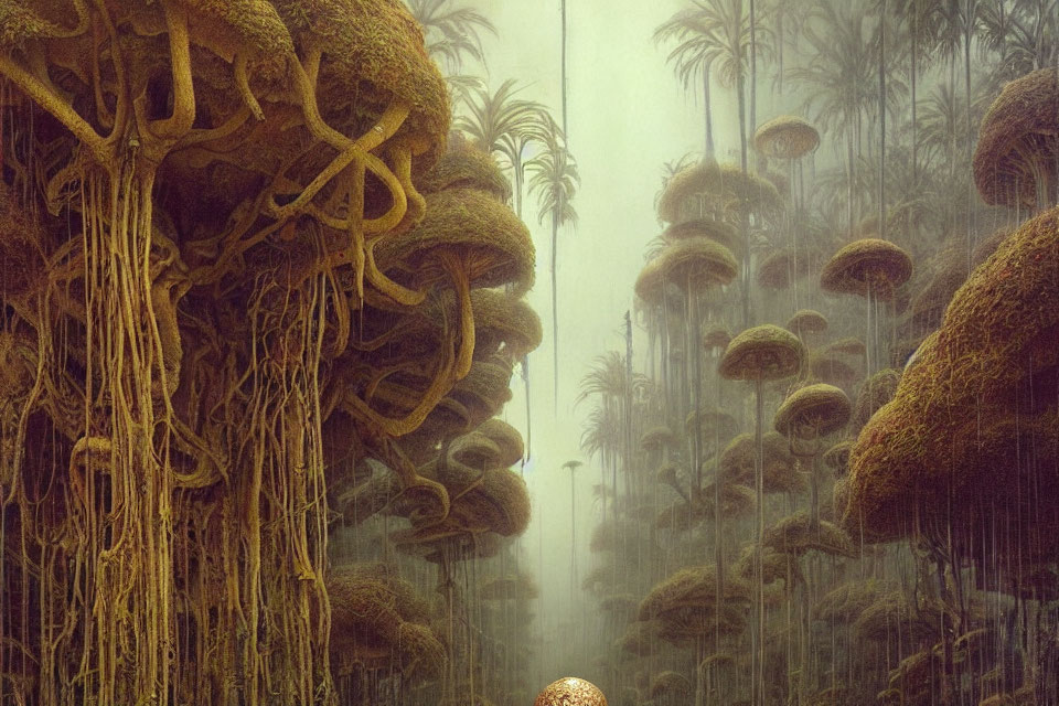 Misty alien forest with towering mushroom-like trees