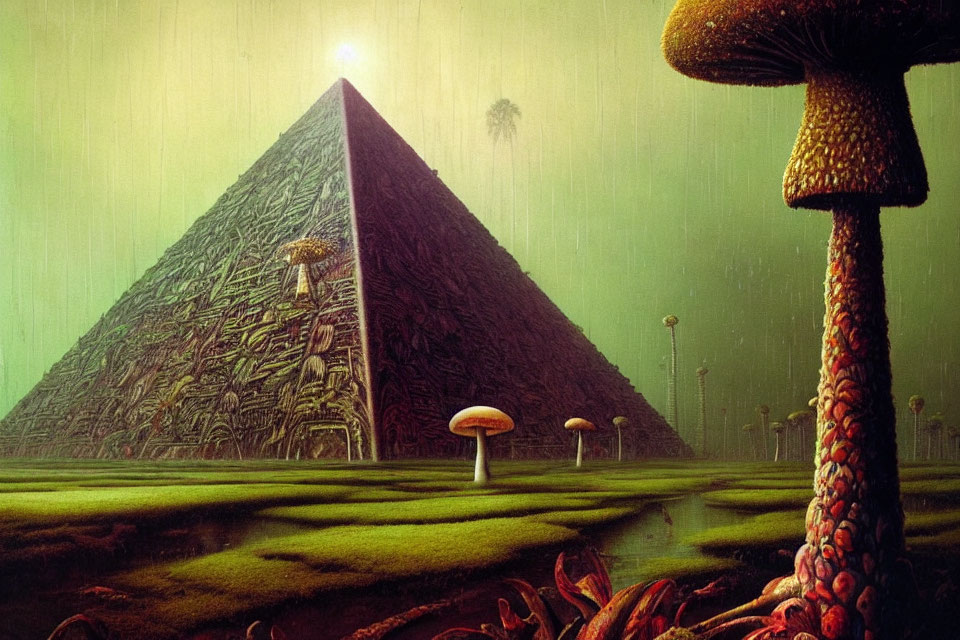 Futuristic landscape with glowing pyramid and mushrooms