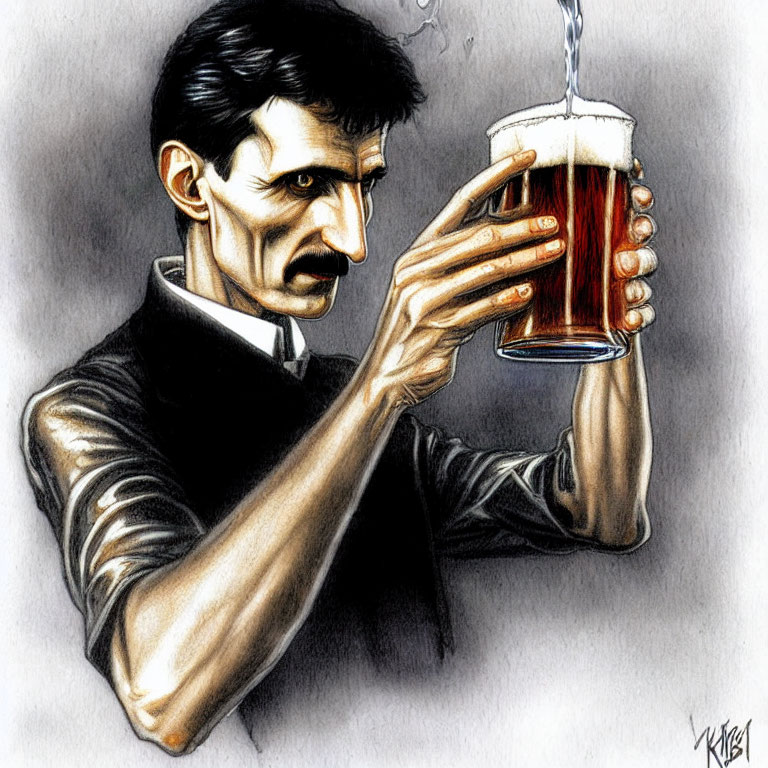 Man with Thin Mustache Examining Beer Pint in Illustration