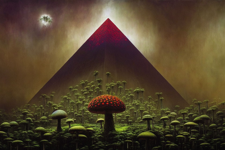 Surreal landscape with red glowing pyramid, mushrooms, starry sky, and misty atmosphere