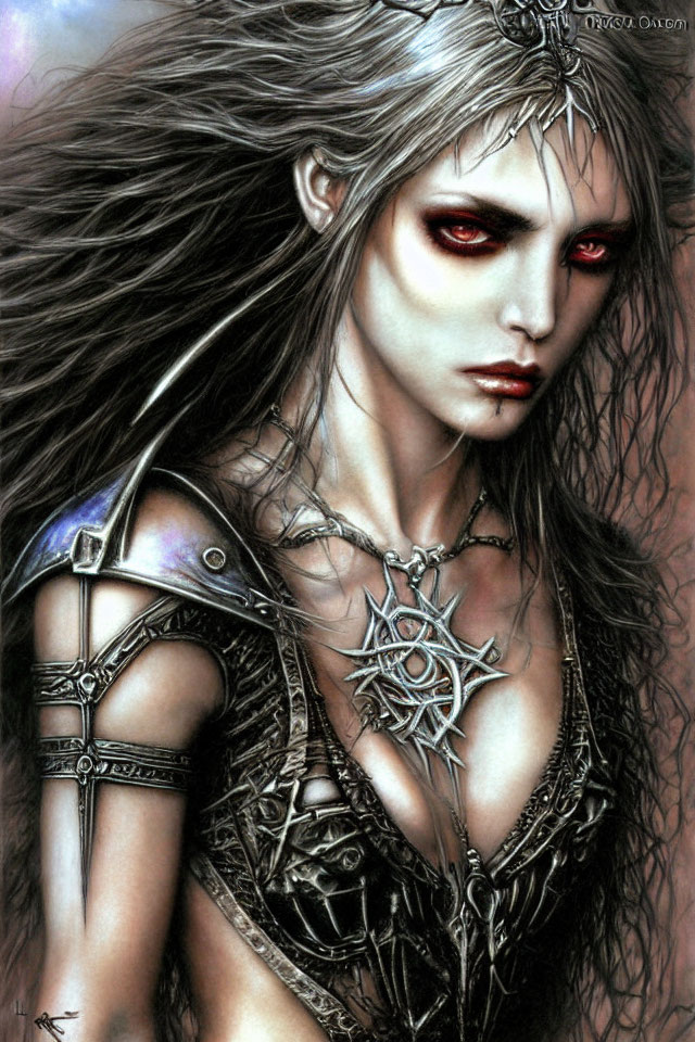 Fantasy artwork: Pale-skinned female in dark armor with red eyes