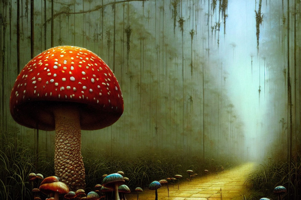 Tall Red and White Spotted Mushroom in Misty Forest Scene