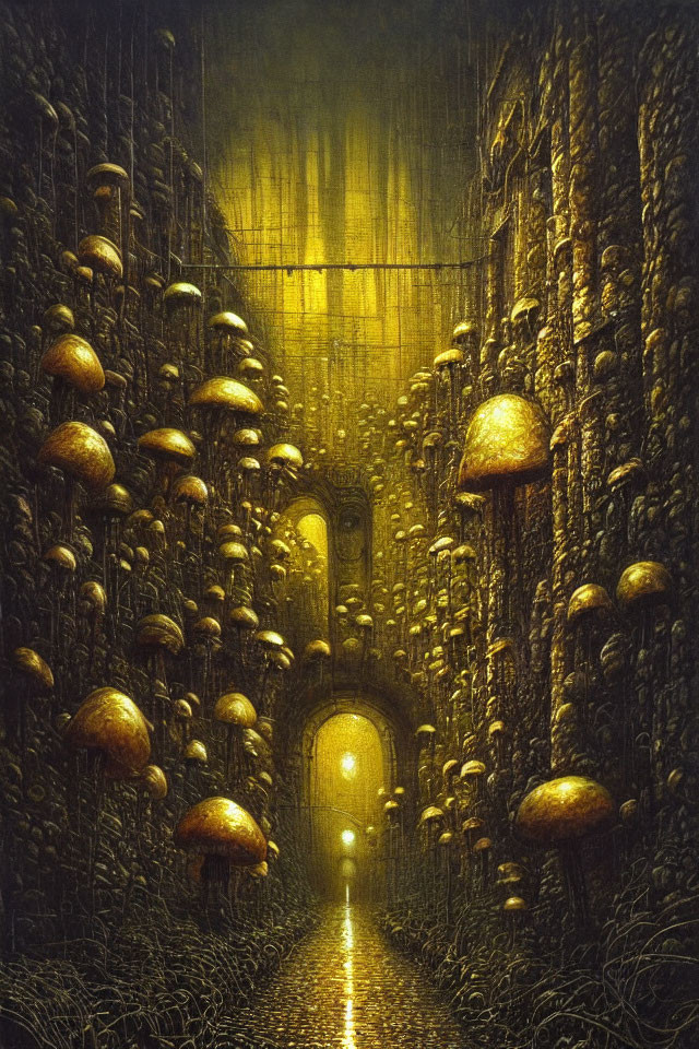 Surreal painting of illuminated corridor with luminescent mushrooms