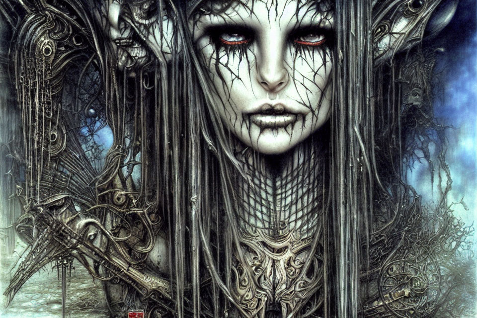 Illustration of pale woman with red eyes, grey hair, in dark biomechanical armor in des