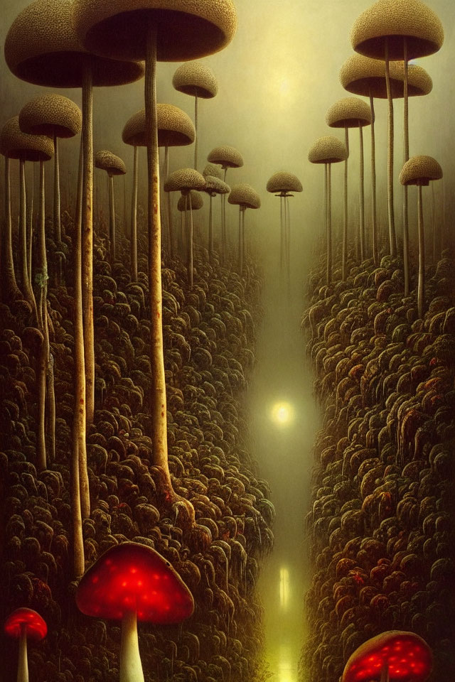 Enchanting forest with towering mushroom-like trees and glowing red mushrooms