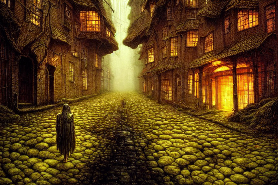 Mysterious cloaked figure on cobblestone street with old houses and mystical fog