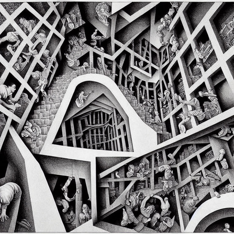 Monochrome maze of interconnected staircases with people.