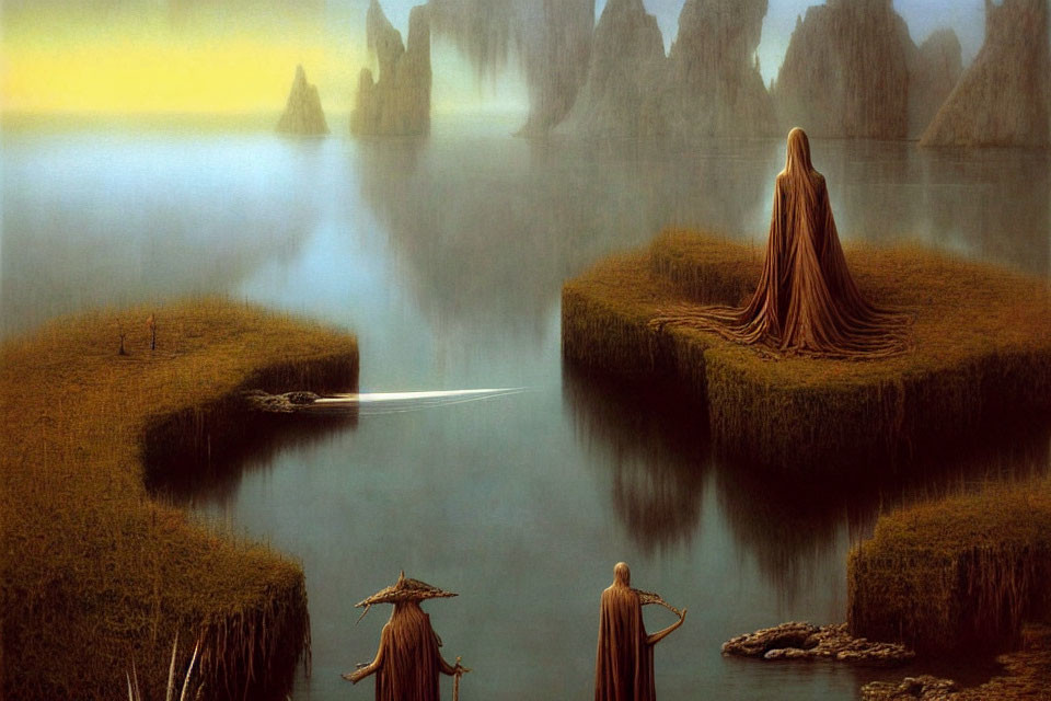 Mystical scene: Three cloaked figures on grassy islets, surrounded by water and mist
