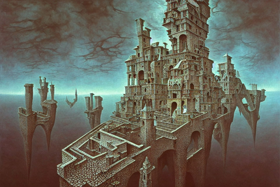 Fantastical tower on floating landmasses under gloomy sky