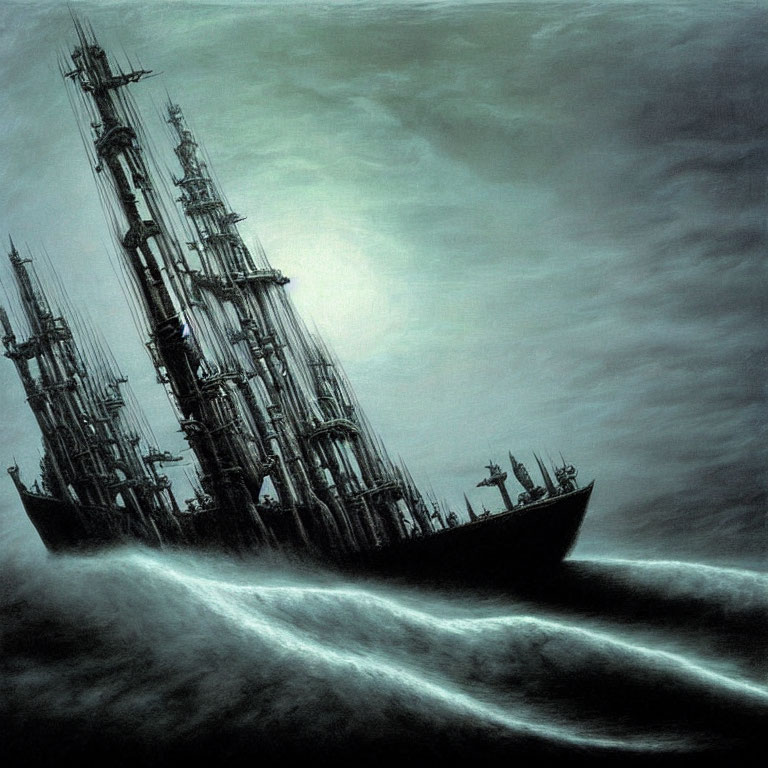 Ghostly sailing ship with multiple masts on dark waves under gloomy sky