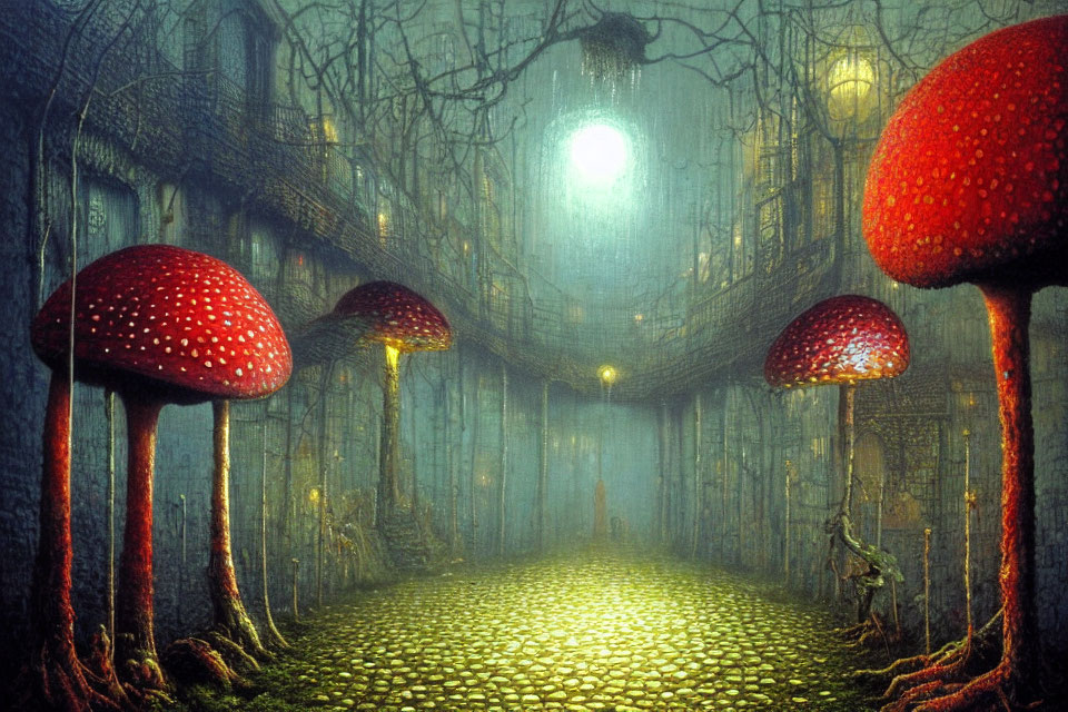 Mystical Alleyway with Red Mushrooms and Foggy Atmosphere