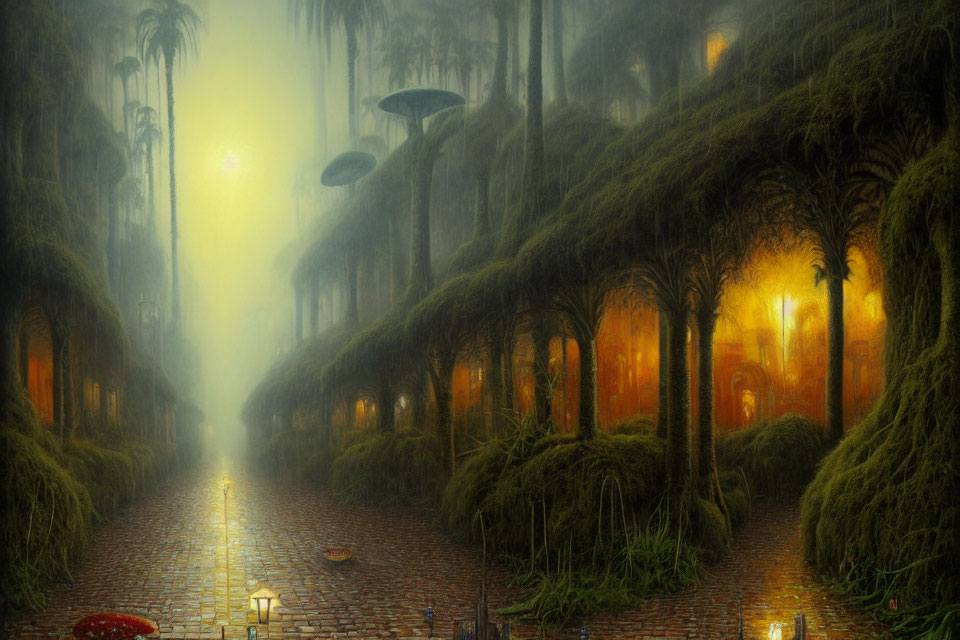 Misty streetscape with moss-covered trees and flying saucers in foggy sky