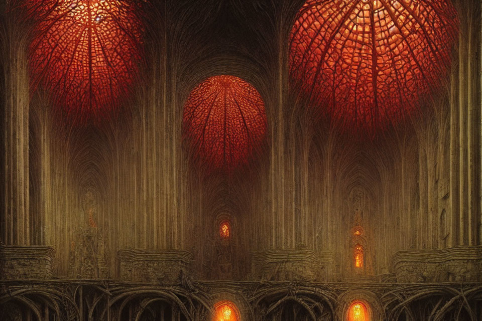 Gothic-style hall with arched ceilings and red geometric dome lights