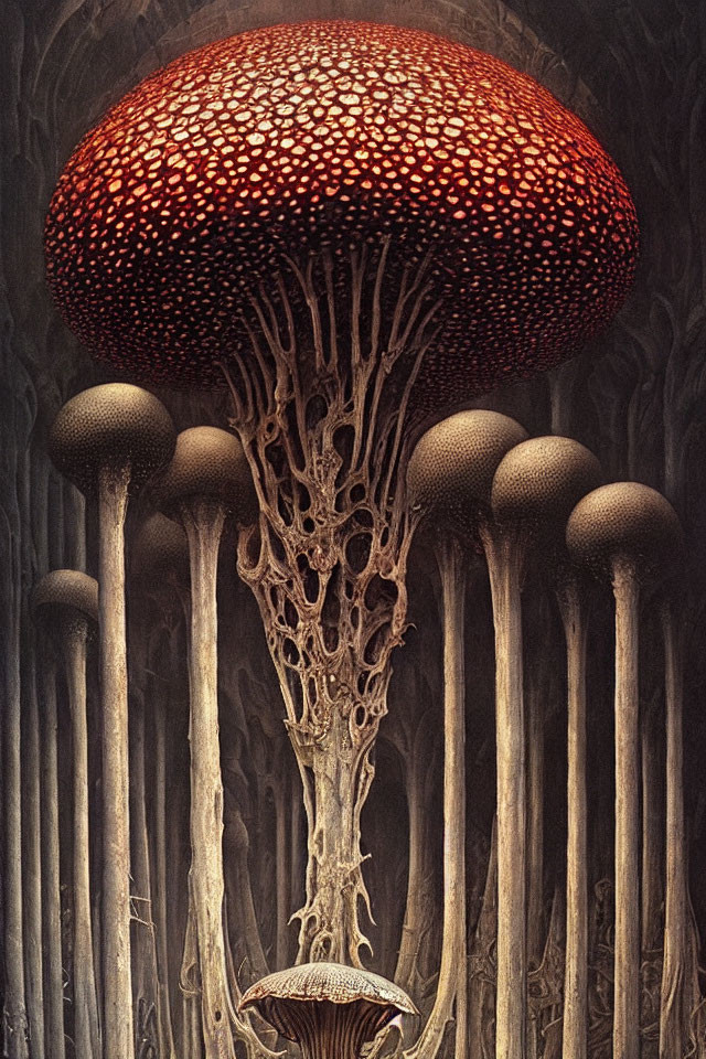 Surreal Scene of Oversized Red Mushroom and Fungi