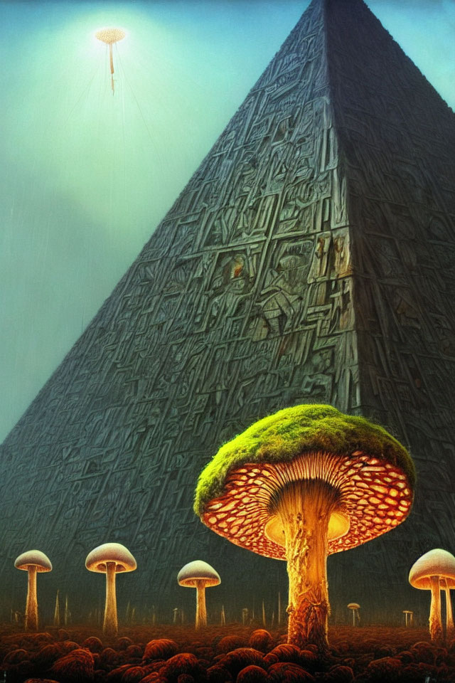 Surreal Pyramid with Glowing Object and Luminous Mushrooms