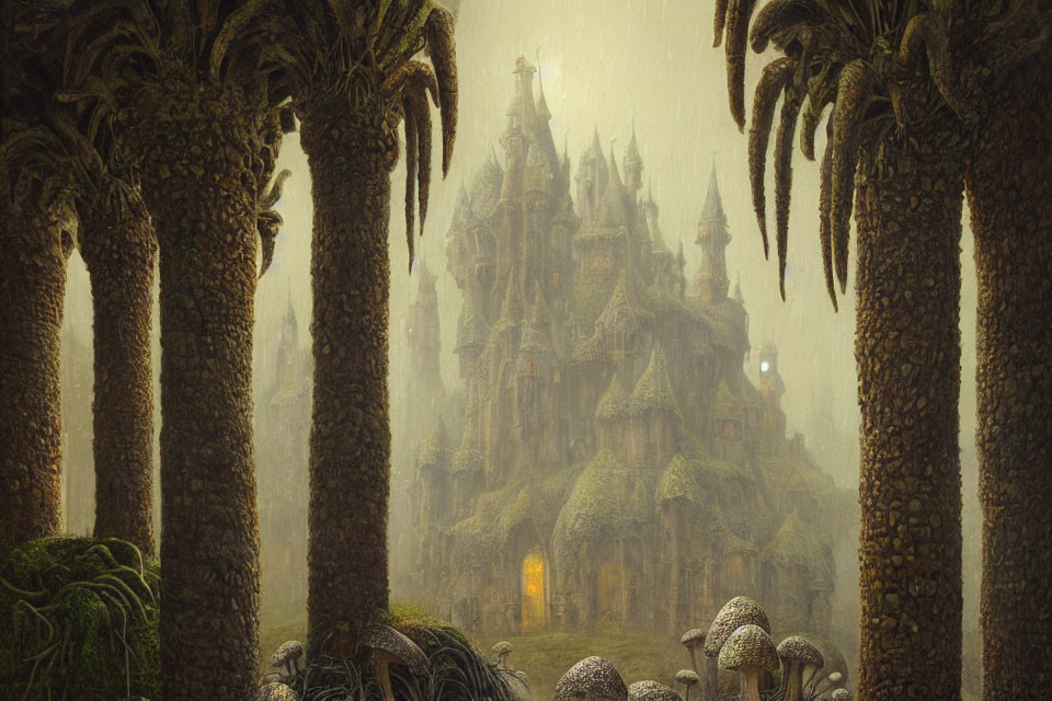 Mystical castle in rain and mist with palm trees and mushroom-shaped structures