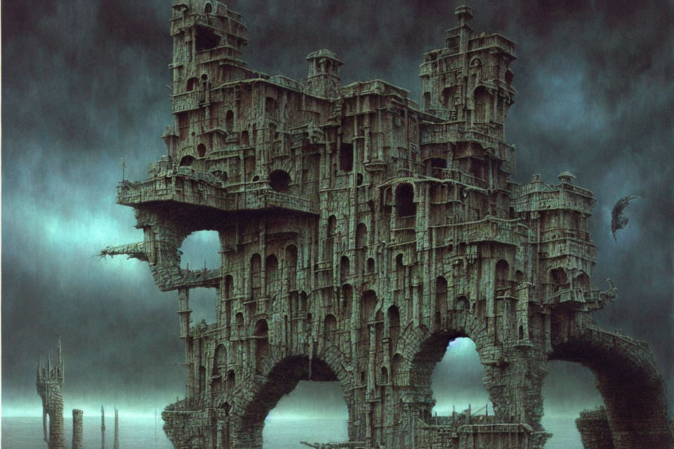 Gothic castle with multiple towers in misty landscape with dragon.