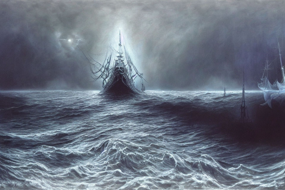 Monochromatic painting of tall ships in turbulent ocean