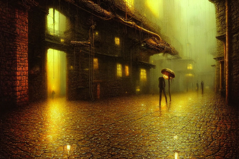 Lonely figure with umbrella in misty urban street scene