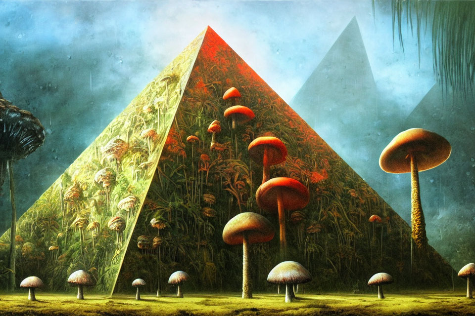 Fantastical landscape with overgrown pyramid and giant mushrooms under surreal sky